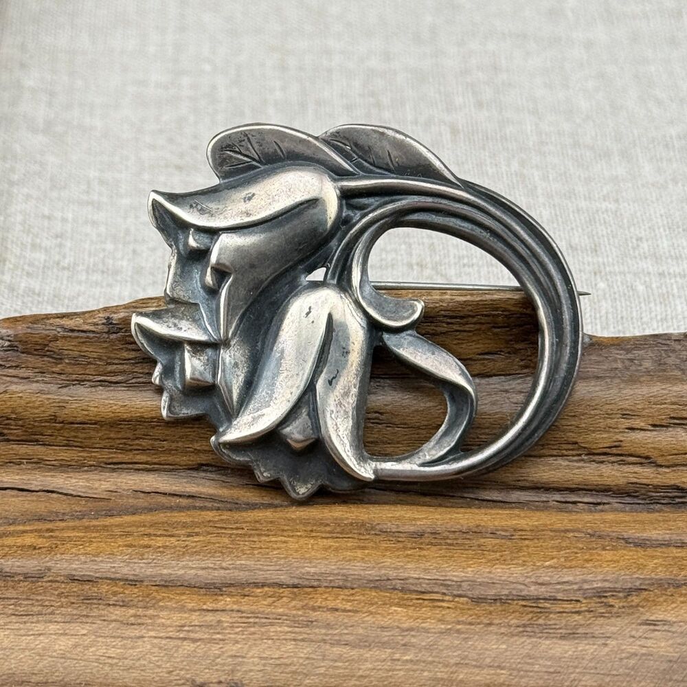 Vintage Sterling Silver Art Nouveau Tulips Flower Blossom Brooch Pin 1.75"